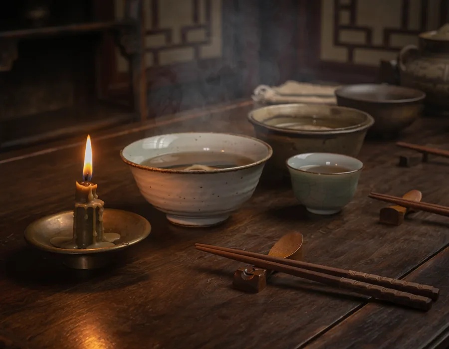 A candlelit ancient Chinese dining table with ceramic bowls and wooden chopsticks.
