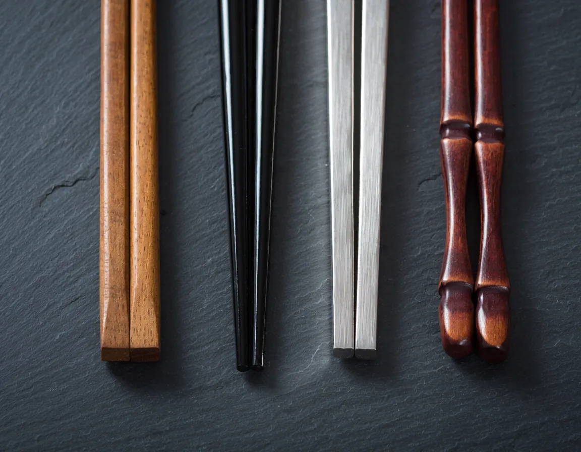 Four pairs of chopsticks side by side: wood, lacquered black, stainless steel, and red hardwood.