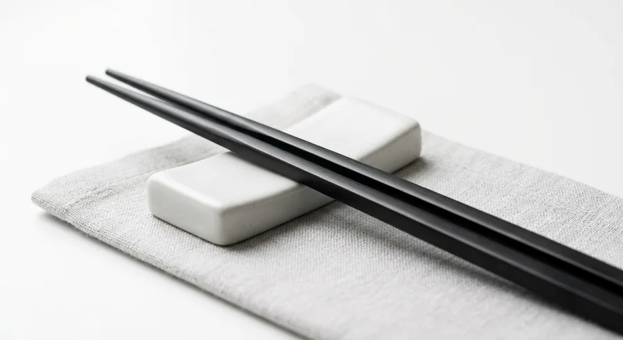 A pair of modern sleek matte black chopsticks on a ceramic rest, on a linen napkin.