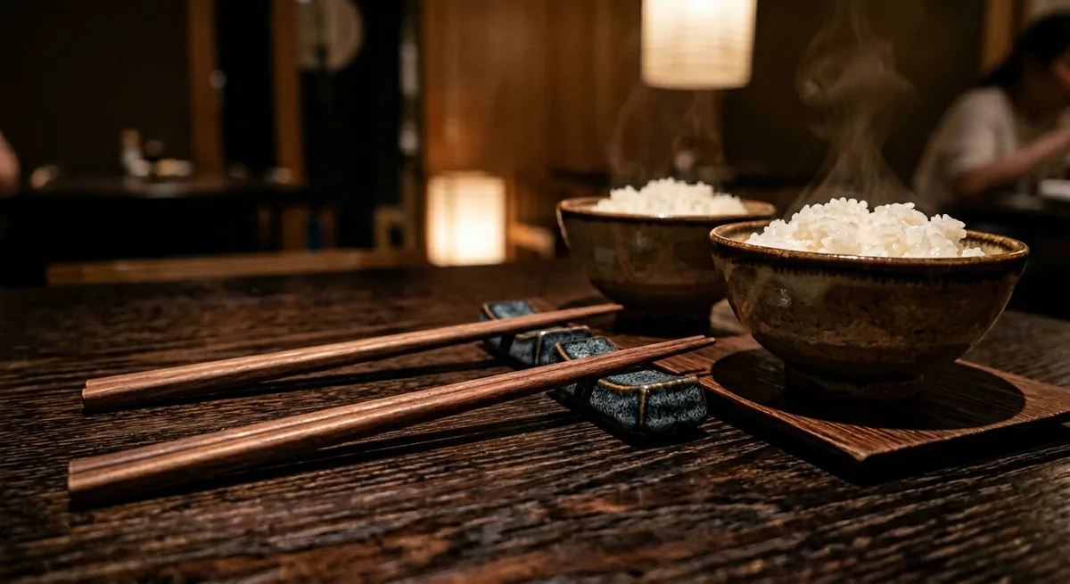 Two pairs of chopsticks resting neatly beside bowls of steaming rice on a wooden table.