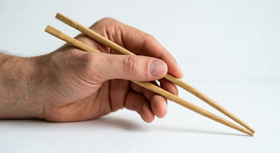 Two chopsticks held in one hand, with the upper chopstick gripped like a pencil.