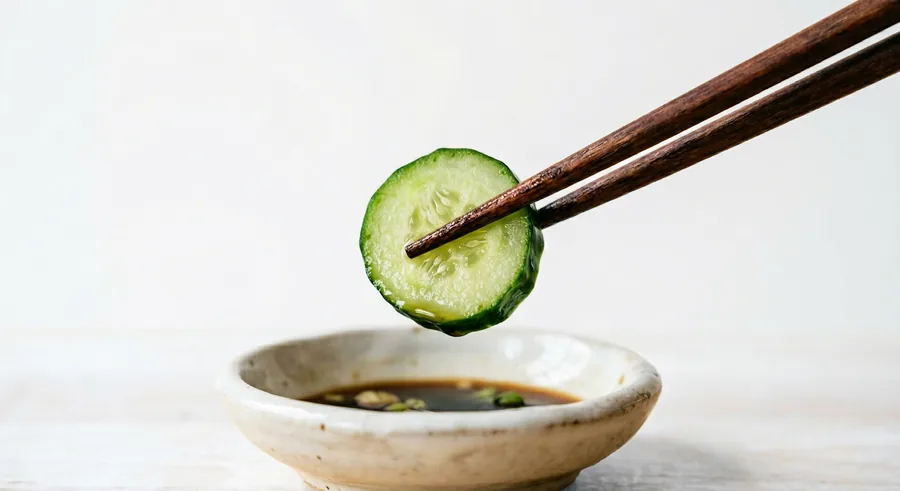 A pair of chopsticks gripping a slice of cucumber above a dipping bowl.