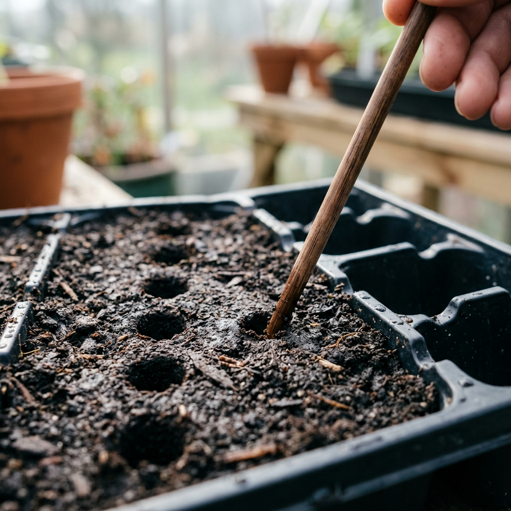 Poke holes in soil for seeds